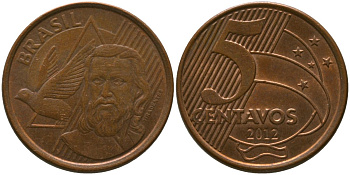 Бразилия 5 сентаво 2012 KM 648, Schon 156 сталь плакированная медью 4525-117