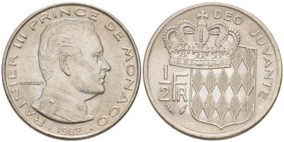 Монако 1/2 франка 1982 Ренье III (1949-2005) KM 145 никель 190-524