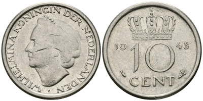 Нидерланды 10 центов 1948 Вильгельмина (1895-1948) KM 177 никель 96-535