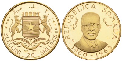 Сомали 20 шиллингов 1965 5-я годовщина независимости, тираж 6325 экземпляров KM 10  золото  PROOF  00-806-50