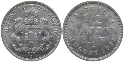 Гамбург 1/2 миллиона марок = 500000 марок 1923 Funck 636.2, Men18 13079.18 алюминий UNC 4599-511