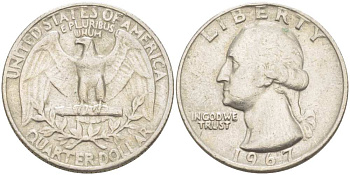 США 25 центов (квотер) 1967 Вашингтон KM 164a медь плакированная медно-никелем 4402-323