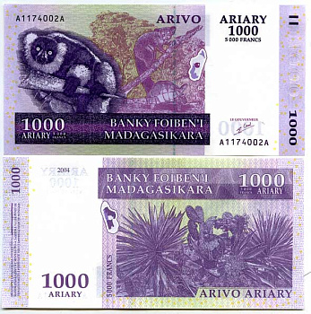 Мадагаскар 1000 ариари (5000 франков) 2004 лемур, животные, подпись 5 Pick 89 а бумага UNC (пресс) 448-88-1