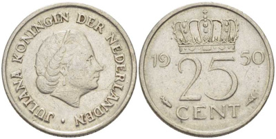 НИДЕРЛАНДЫ 25 ЦЕНТОВ 1950 ЮЛИАНА KM 183 никель 66-831