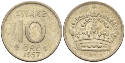 Швеция 10 эре 1957 Густав VI Адольф (1950-1973) KM 823 серебро 4147-917