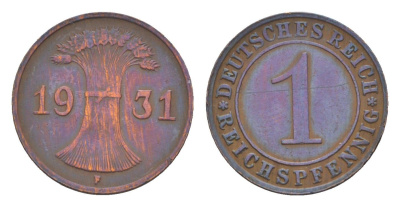 Германия 1 рейхспфенниг 1931 F KM 37, J. 313 бронза 4164-525