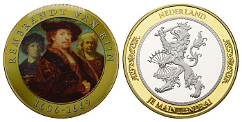 Нидерланды медаль королевского монетного двора "Великие люди - Рембрандт ван Рейн" 2011 диаметр 40 м, вес 32 гр. С сертификатом подлинности биметалл 11-083-34