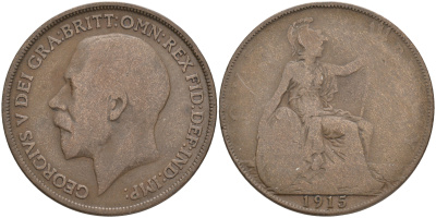 Великобритания 1 пенни 1915 Георг V (1910-1936) KM 810, Spink 4051 бронза 4557-944