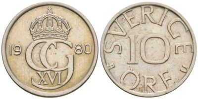 Швеция 10 эре 1980 Карл XVI Густав (1973- ) KM 850 медно-никель 4364-3625