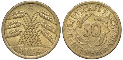 Германия 50 рентенпфеннигов 1924 A J. 310, KM 34 алюминиевая бронза 4513-1015