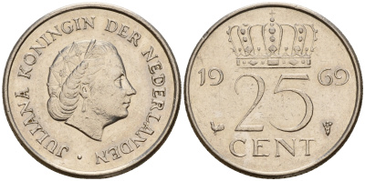 Нидерланды 25 центов 1969 Юлиана (1949-1980) HAAN KM 183 никель    4598-436