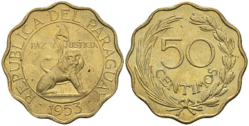 Парагвай 50 сентимо 1953 лев, фригийский колпак на шесте KM 28 алюминиевая бронза  aUNC  4177-711