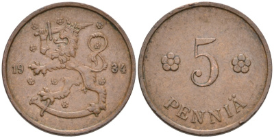 ФИНЛЯНДИЯ 5 ПЕННИ 1934 KM 22 медь 192-1249