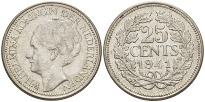 Нидерланды 25 центов 1941 Вильгельмина (1890-1948) KM 164 серебро aUNC 66-1142