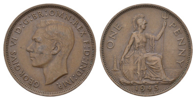Великобритания 1 пенни 1945 Георг VI (1936-1952) KM 845, Spink 4114 бронза 4683-434
