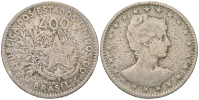 Бразилия 400 реалов 1901 MCMI, голова свободы вправо KM 505 медно-никель 4612-531