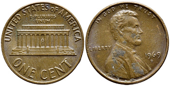 США 1 ЦЕНТ 1969 D, ЛИНКОЛЬН KM 201 медь цинк 4396-445