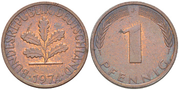 ФРГ 1 ПФЕННИГ 1974 J KM 105, J. 380 сталь плакированная медью 4181-612
