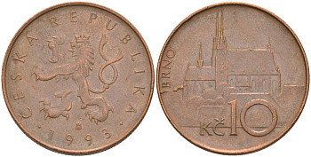 Чехия 10 крон 1993 кафедральный собор в Брно KM 4 сталь плакированная медью 186-1223