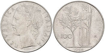 Италия 100 лир 1956 R, богиня Афина KM 96.1 нержавеющая сталь 259-144