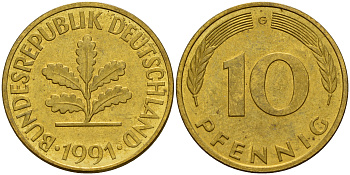 ФРГ 10 пфеннигов 1991 G J. 383, KM 108 сталь плакированная латунью    4603-635