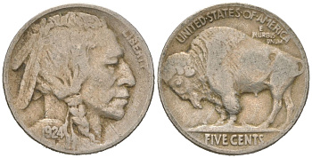 США 5 центов 1924 индеец, бизон KM 134 медно-никель 4614-1061