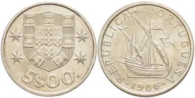 ПОРТУГАЛИЯ 5 ЭСКУДО 1986 ПАРУСНИК KM 591 медно-никель 213-256