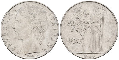 Италия 100 лир 1956 R, богиня Афина KM 96.1 нержавеющая сталь 259-144