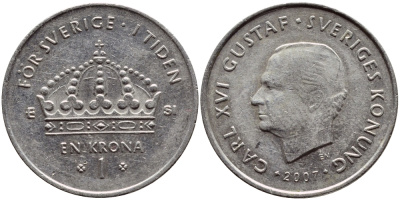 Швеция 1 крона 2007 Карл XVI Густав (1973- ) KM 894 медно-никель 176-956