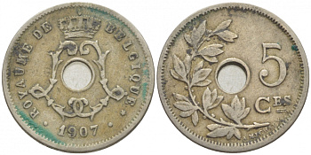 БЕЛЬГИЯ 5 САНТИМОВ 1907 BELGIQUE KM 54 медно-никель 116-728