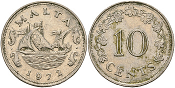 Мальта 10 центов 1972 баржа Великого магистра KM 11 медно-никель 4137-833