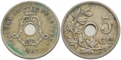 БЕЛЬГИЯ 5 САНТИМОВ 1907 BELGIQUE KM 54 медно-никель 116-728