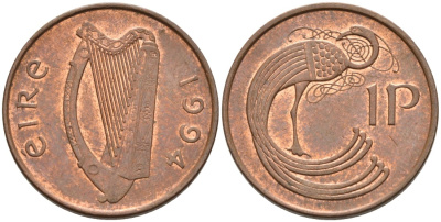 ИРЛАНДИЯ 1 ПЕННИ 1994 ПТИЧКА KM 20а сталь плакированная медью 92-213