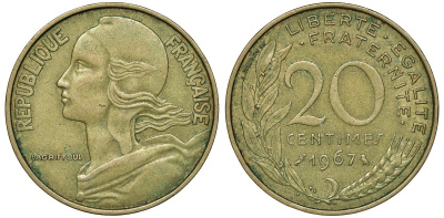 ФРАНЦИЯ 20 САНТИМОВ 1967 KM 930 медь алюминий никель 72-1416
