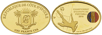 Берег слоновой кости 100 франков 2016 чемпионат Европы по футболу во Франции, овал, эмаль KM NEW золото PROOF 00-815-27