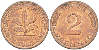 ФРГ 2 ПФЕННИГА 1980 F KM 106а, J. 381а сталь плакированная сталь плакированная медьюю 4181-836