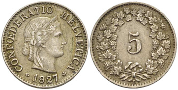ШВЕЙЦАРИЯ 5 РАППЕНОВ 1927 В KM 26 медно-никель 3955-1254