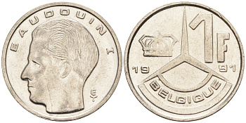 Бельгия 1 франк 1991 BELGIQUE KM 170 железо плакированное никелем    4594-565