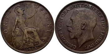 Великобритания 1 пенни 1913 Георг V (1910-1936) KM 810, Spink 4051 бронза 540-443