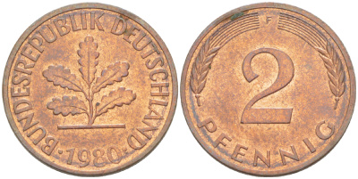 ФРГ 2 ПФЕННИГА 1980 F KM 106а, J. 381а сталь плакированная сталь плакированная медьюю 4181-836