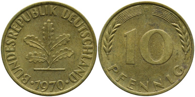 ФРГ 10 ПФЕННИГОВ 1970 D KM 108, J.383 сталь плакированная латунью 98-434