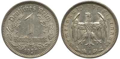 ГЕРМАНИЯ 1 РЕЙХСМАРКА 1937 A J. 354, KM 78 никель 413-5031