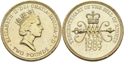 Великобритания 2 фунта 1989 Елизавета II (1952-2022), 300 лет "Биллю о правах" Англии KM 960, Spink 4312 (K2) никель латунь UNC 4557-345