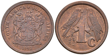 ЮАР 1 ЦЕНТ 1992 ДВЕ ПТИЧКИ НА ВЕТКЕ KM 132 сталь плакированная медью UNC 4594-131