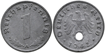ГЕРМАНИЯ 1 РЕЙХСПФЕННИГ 1942 A KM 97, J.369 цинк 96-716
