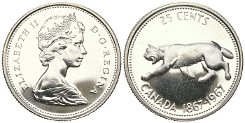 Канада 25 центов 1967 100 лет Конфедерации Канада KM 68 серебро BU 68-1215