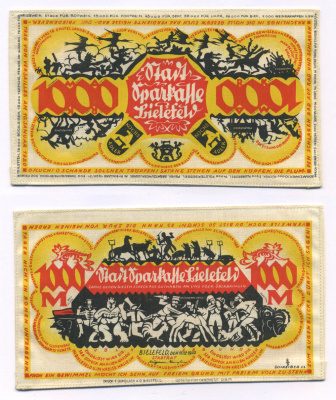 Германия, Билефельд 1000 марок 1922 15 декабря 1922 года, размер 152 Х 86 мм.   шёлк  UNC 2192-96-1-1