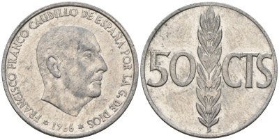 Испания 50 сентимо 1966 (73) Франсиско Франко (1939-1975) KM 795 алюминий    4152-1118