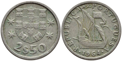 Португалия 2,5 эскудо 1964 парусник KM 590 медно-никель 4396-136