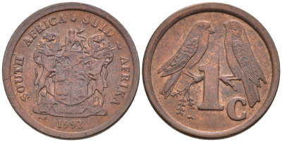 ЮАР 1 ЦЕНТ 1992 ДВЕ ПТИЧКИ НА ВЕТКЕ KM 132 сталь плакированная медью UNC 4594-131